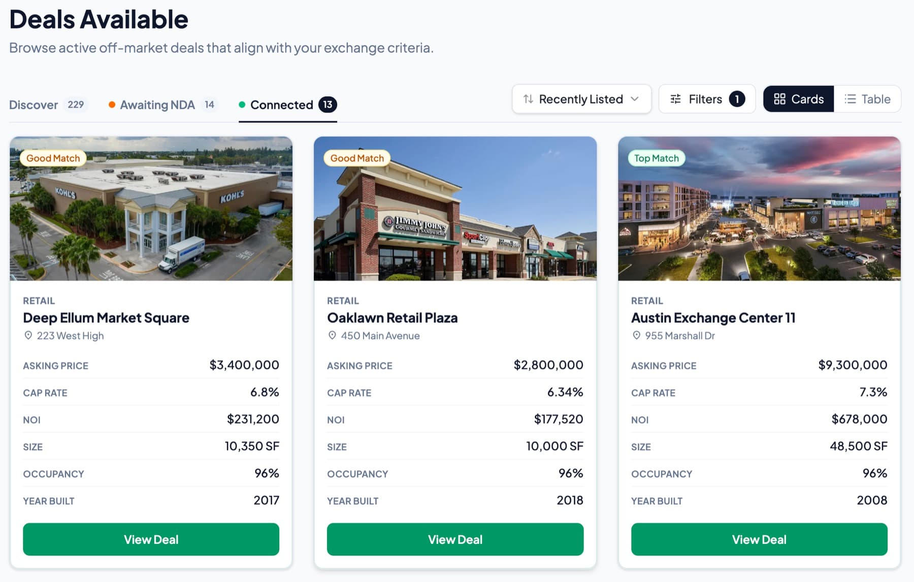 A buyer-side view of matched off-market Texas retail deals, each with cover imagery, match score, asking price, cap rate, NOI, and size.